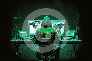Minimalistic concept of alone hacker programmer surrounded by green programming codes in a dark ambient cyber space, sitting at a