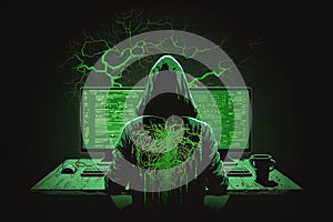 Minimalistic concept of alone hacker programmer surrounded by green programming codes in a dark ambient cyber space, sitting at a