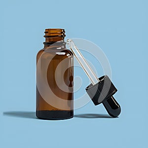 Minimalistic cylindrical bottle with dropper and detached cap, hinting at recent emptiness