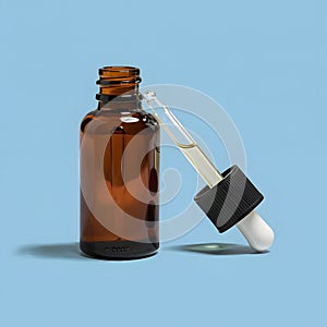 Minimalistic cylindrical bottle with dropper and detached cap, hinting at recent emptiness