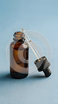 Minimalistic cylindrical bottle with dropper and detached cap, hinting at recent emptiness