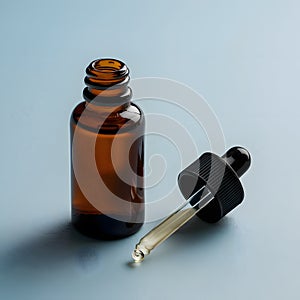 Minimalistic cylindrical bottle with dropper and detached cap, hinting at recent emptiness photo