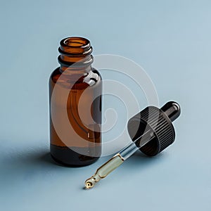 Minimalistic cylindrical bottle with dropper and detached cap, hinting at recent emptiness photo