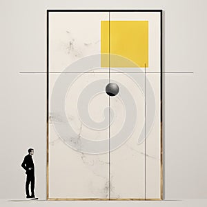 Minimalistic Dada Art: White Marble Door With Yellow Square