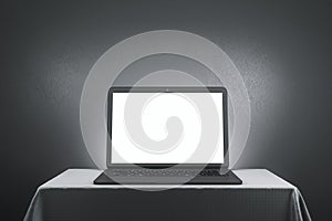 Minimalistic designer desktop with empty white laptop screen