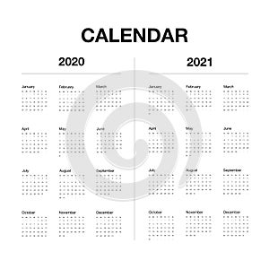 Minimalistic desk calendar 2020 and 2021 years. Design of calendar with english name of months and day of weeks. Vector