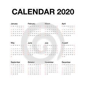 Minimalistic desk calendar 2020 year. Calendar design with english name of months and day of weeks. Vector illustration isolated