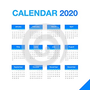Minimalistic desk calendar 2020 year. Design of calendar with english name of months and day of weeks. Vector