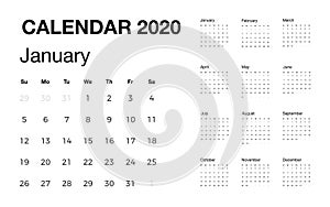 Minimalistic desk calendar 2020 year. Design of calendar with english name of months and day of weeks. Vector illustration
