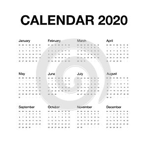 Minimalistic desk calendar 2020 year. Design of calendar with english name of months and day of weeks. Vector illustration