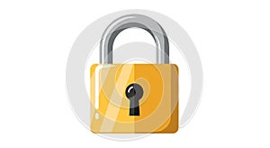 Yellow rectangular padlock with silver metal shackle and black keyhole on white background, minimalistic digital illustration