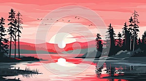 Minimalistic digital illustration of a serene summer sunrise at the tranquil lake with flat design