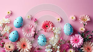 Minimalistic Easter Eggs and Flowers Background with Copyspace AI Generated