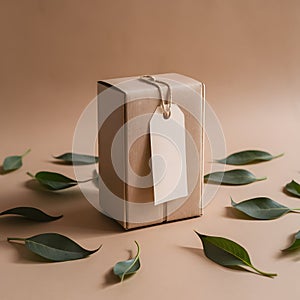 Minimalistic, eco friendly cardboard box with blank tag surrounded by green leaves on beige surface