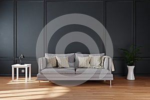 Minimalistic elegant living room interior with single vintage sofa in front of dark grey wall; copy space white posters canvas; 3D