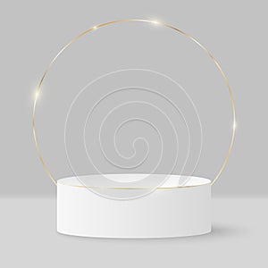 Minimalistic elegant stage for show your products. 3d cylinder on a light background. Platform or podium with golden ring. Mock up