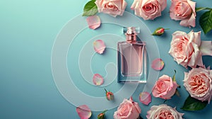 Minimalistic Emotional Beauty Banner with Women\'s Perfume Bottle, Roses, Flowers, Buds, and Petals AI Generated