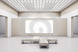 Minimalistic exhibition hall interior with blankposter on wall