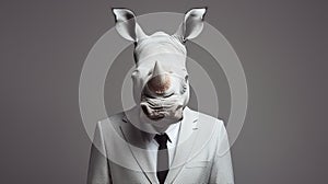 Minimalistic Fashion Portrait Of Rhino In White Suit
