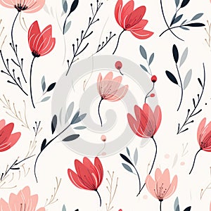 Minimalistic Floral Botanical Pattern: Red Flowers On White Background