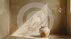 minimalistic floral decor, a dried flower branch in a minimalist vase echoes wabi sabi style, enhancing the calm