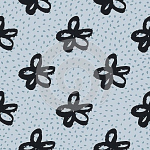 Minimalistic floral grunge daisy seamless pattern. Black contoured botanic elements on blue background with dots