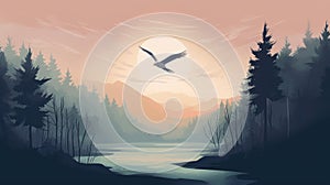 Minimalistic Forest Illustration With Lonely Seagull