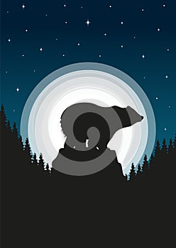 Minimalistic full moon skyscape and bear on cliff silhouette. Wildlife animals in nature
