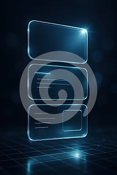 A minimalistic futuristic user interface with glowing transparent elements floats above a dark grid, symbolizing sleek photo