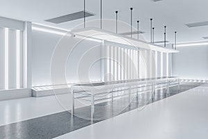 Minimalistic gallery interior with empty white wall and exhibition table