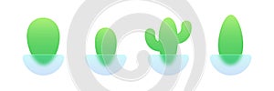Minimalistic glass morphism icons. Set of green cactus in transparent glass pots. photo