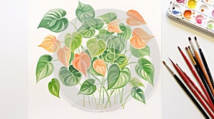 Minimalistic Gouache Painting Of Colorful Pothos Plants