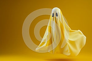 Minimalistic Halloween scare a flying ghost in white sheet, yellow