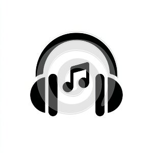 Minimalistic headphone icon with musical note on white background