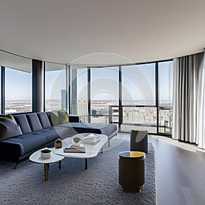 A minimalistic, high-rise apartment with floor-to-ceiling windows, sleek furniture, and a skyline view2, Generative AI