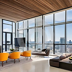 A minimalistic, high-rise apartment with floor-to-ceiling windows, sleek furniture, and a skyline view5, Generative AI