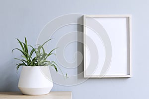 Minimalistic home interior with mock up photo frame on the brown table with composition of cacti and succulents.