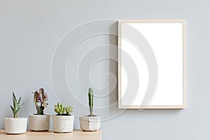 Minimalistic home interior with mock up photo frame on the brown table with composition of cacti and succulents.