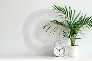 Minimalistic home office with palm plant and white vintage alarm clock on a white shelf against a plain wall