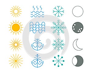 Minimalistic icon set of sun, water, snowflake and moon. Symbols of day and night, summer and winter.