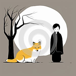 Minimalistic Illustration Of A Man And A Fox Under The Moon