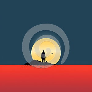 Minimalistic Illustration: The Man On The Rock Silhouetted Against The Sun