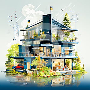 minimalistic illustration modular energy-saving house