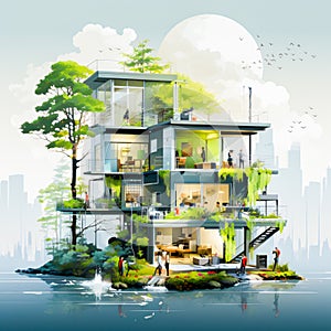 minimalistic illustration modular energy-saving house