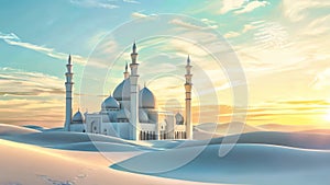Minimalistic illustration of a mosque, places of worship and prayer. Elegant timelapse.