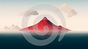 Minimalistic Illustration Of Red Mountain On Isolated Ocean Background