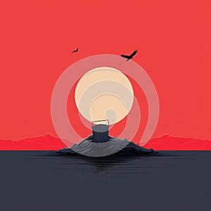 Minimalistic Illustration: Red Sunset With Boat On Island
