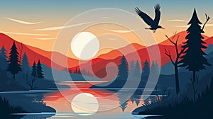 Minimalistic illustration of a serene summer sunrise reflecting on a tranquil lake