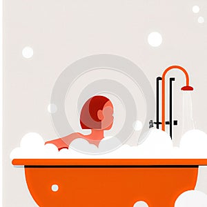 Minimalistic illustration of a woman sitting in a bubble bath tub in a modern bathroom