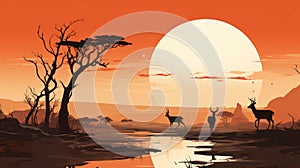 Minimalistic image of african scenery with gaselles and sundown